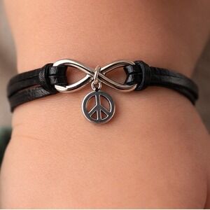 Vintage Peace Charm Bracelet Black Cord Infinity Small Size